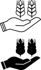 Crops icons. Black and White Vector Icons. Wheat Sprouts in Human Hands. Organic Farming Concept