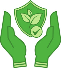 Green Icon Nature Conservation. Vector Icon. Symbol of Nature Protection in Human Hands. Natural products. Environment protection. Organic Farming Concept