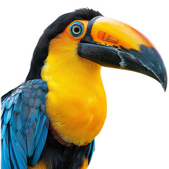 Naklejka premium Close-up of a colorful toucan with a vibrant beak and feathers, showcasing the beauty of tropical wildlife.