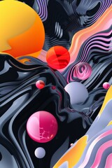 Obraz premium Abstract Swirling Colors and Spheres in a Digital Landscape