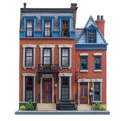 Fototapeta premium Architectural details of vintage brick townhouses with blue accents and green shrubs, showcasing urban charm and classic design.