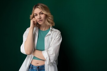 Woman Talking on Cell Phone in Front of Green Wall
