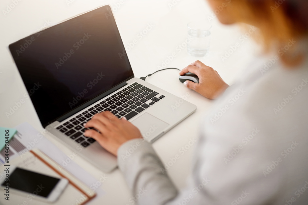 Poster Hands, laptop and typing with copy space, blank and mockup for networking in modern office. Person, computer screen and click keyboard for search, reading and contact on web connection with empty ux