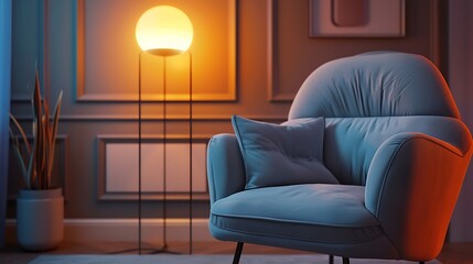 sofa type chair with the rgb lamp placed on the side table with sleek frame on the wall background with text empty space background 