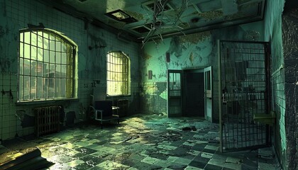 Naklejka premium 322 Utterly petrifying 3D cartoon abandoned asylum overrun by paranormal forces for Halloween