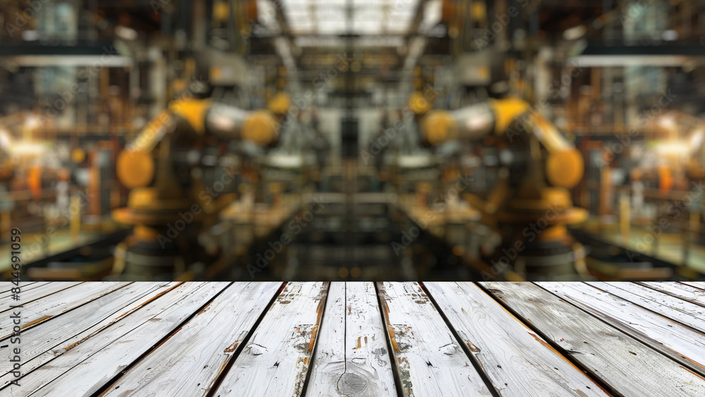 Poster empty wood table top with blur background of factory with robotic arms. the table giving copy space 