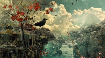 A surreal digital collage blending elements of nature and technology, creating a visually captivating and conceptual piece. --ar 16:9 --style raw Job ID: c2e09a3c-48e9-451e-9809-bf4b89f31556