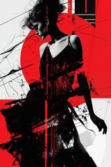 A Silhouette of Crimson and Black: A Womans Form Amidst Geometric Abstractions