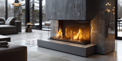 Minimalist style fireplace with burning fire in modern living room interior.