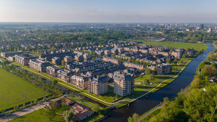 Aerial drone photo of a residential neighbourhood with luxury apartment buildings in Voorschoten,...