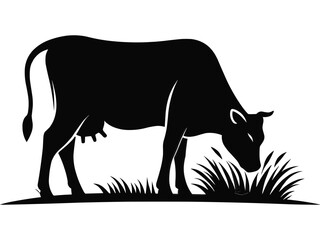 Black silhouette of domestic cow grass eating on a white background vector illustration