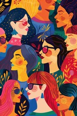 Obraz premium A Tapestry of Faces: Women in a Vibrant Garden of Style