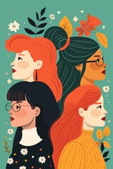 Four Women In Profile Against A Green Background With Flowers