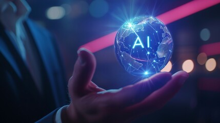 Businessman holding Artificial Intelligence white blueish glowing earth model AI ball on hand palm global connection bokeh background