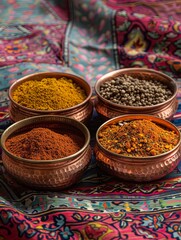 Fototapeta premium A close-up shot of four copper bowls filled with traditional Indian spices, including turmeric, cumin, coriander, and garam masala, arranged on a vibrant, patterned fabric background. Generative AI