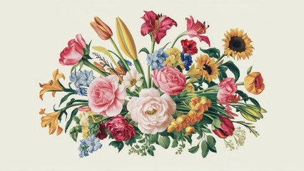 intricate illustration of a variety of beautiful, realistic flowers set, white background