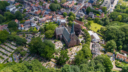 Aerial drone photo of the town centre and church in Wassenaar, the Netherlands