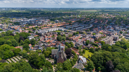 Aerial drone photo of the town centre and church in Wassenaar, the Netherlands