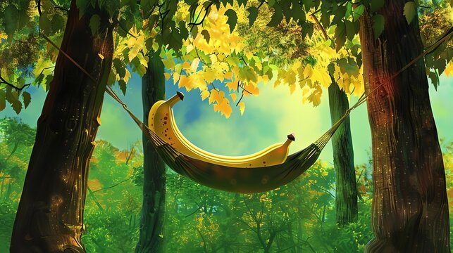 A banana hanging out in a hammock between two trees, Relaxed, Vibrant colors, Digital art, Tranquil forest