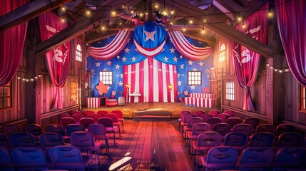 A company hosting a 4th of July talent show in a barn, Creative, Bright colors, Digital art, Employee engagement