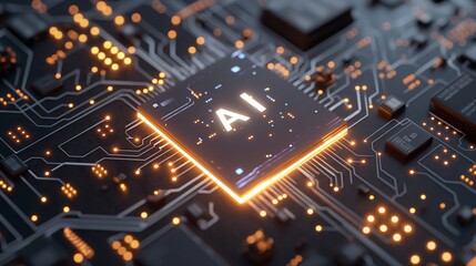 Artificial Intelligence Circuit board CPU graphic card chip wafer semiconductor silicon AI high tech advanced technology computer motherboard yellow glowing electrocircuit close up shot