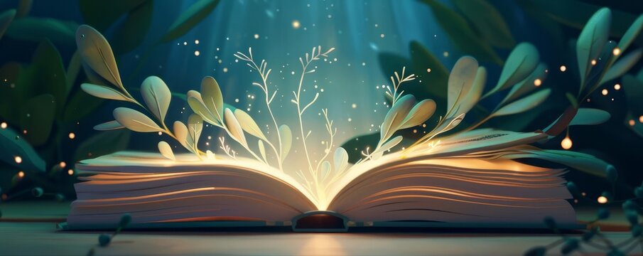 A magical book with digital illustrations that change with the readers touch, Interactive, Soft tones, Illustration, Dynamic storytelling
