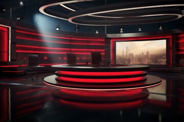 Contemporary Black news television broadcasting stage. Studio for recording and communicating video news. Generate ai