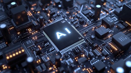 Artificial Intelligence Circuit board CPU graphic card chip wafer semiconductor silicon AI high tech advanced technology computer motherboard white yellow glowing electrocircuit close up shot