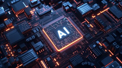 Fototapeta premium Artificial Intelligence Circuit board CPU graphic card chip wafer semiconductor silicon AI high tech advanced technology computer motherboard yellow blue glowing electrocircuit close up shot