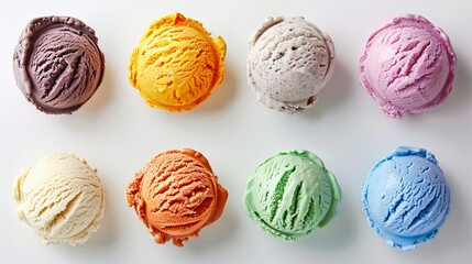 Assorted of scoops ice cream. Colorful set of ice cream of different flavours. Top view