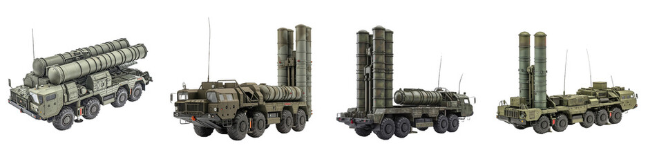 S-400 missile system isolated on transparent png background. Four military vehicles are shown in a row, with the first one being a large tank