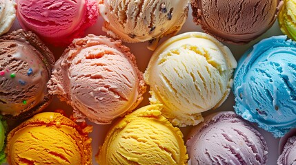 Assorted of scoops ice cream. Colorful set of ice cream of different flavours. Top view