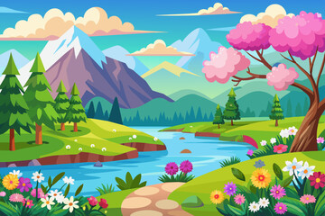 Obraz premium beautiful spring landscape vector illustration