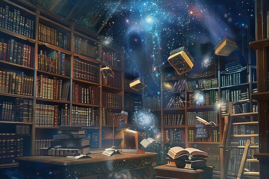 A wizard s library with floating books and miniature galaxies, Magical, Cool tones, Digital art, Enchanted study