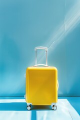 Obraz premium Travel essentials a bright yellow suitcase on blue surface under a shining light spotlight