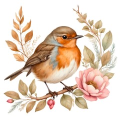 Watercolor illustration portrait of a cute adorable robin bird animal with flowers on isolated white background.

