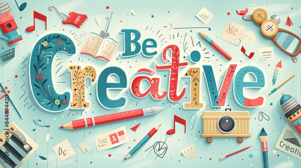 Poster the letter of be creative in variant texture with bright light colorful color with making or constru