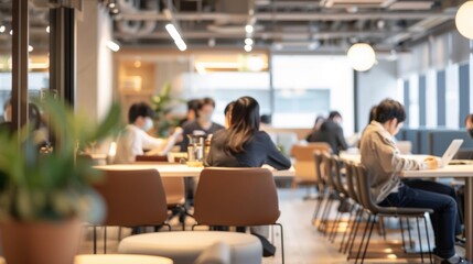 Fototapeta premium The blurred background of a shared workspace reveals a scene of tranquility as individuals and small groups are engrossed in their work surrounded by muted colors and soft lighting. .