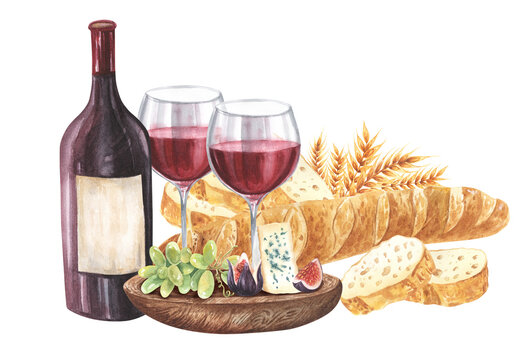 Bottle and glass of red wine with baguette white bread, dorblu cheese, camembert. Hand drawn watercolor illustration isolated on white background. For cafe, restaurant menu, design, recipe book.