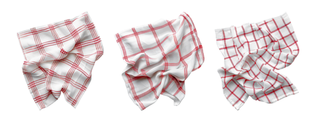 Kitchen towels, three red and white checkered cloths, crumpled and isolated on a transparent background.