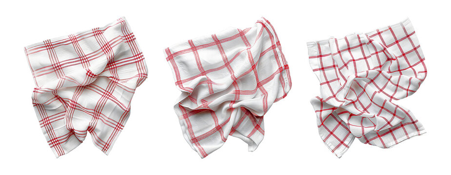 Kitchen towels, three red and white checkered cloths, crumpled and isolated on a transparent background.