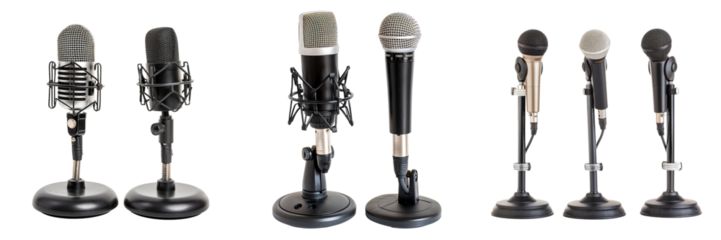 set of microphone stands with adjustable booms isolated on transparent background