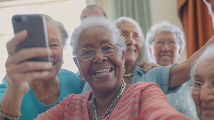 Joyful multiracial group of senior citizens taking a selfie with a smartphone in a nursing home. This vibrant scene highlighting themes of community, diversity, and modern technology