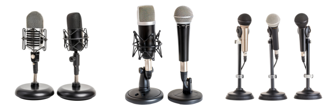 set of microphone stands with adjustable booms isolated on transparent background