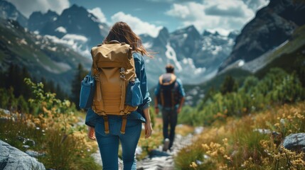 Travelers with backpacks discovering hidden trails in the mountains, adventurous journey, copy space for text.