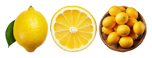 Lemons, whole, sliced, and clustered in a basket, showcasing their bright yellow color and textured skin.