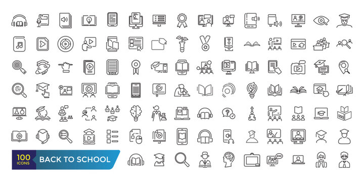 Back to school line icons set. related to education, learning, school. Collection and pack of linear web and ui icons. Editable stroke. Vector illustration