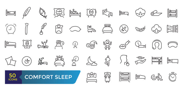 Comfort sleep simple outline icon set. Blanket pillow properties line icon set. Collection and pack of linear web and ui icons. Editable stroke. Vector illustration