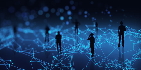 Abstract people silhouettes on blue polygonal background. Technology and creative landing page...