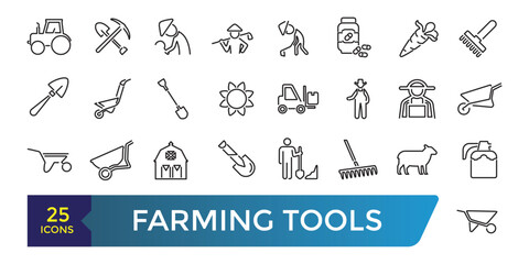 Farming Tools Line Icons Set.  Collection and pack of linear web and ui icons. Vector illustration